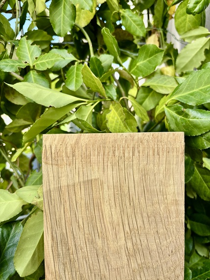 Holz mit Keilzinkung vor grünen Blätter